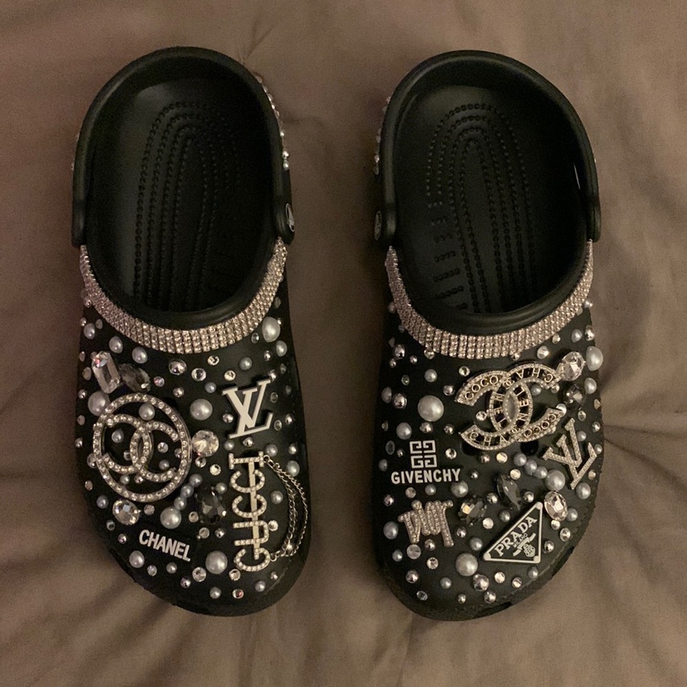 Customized Designer Crocs black in color size 10 women 8 in mens